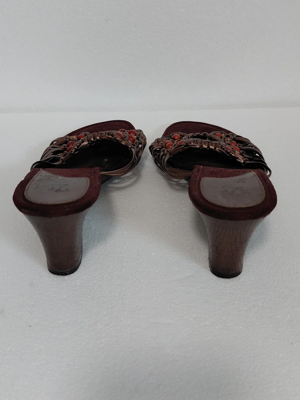 Women's Burgundy Wedge Sandals with Braided Metallic Straps